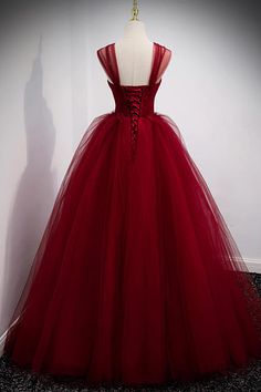 Burgundy Tulle Long A-Line Evening Dress Off the Shoulder Formal Party Dress Elegant Christmas Tulle Dress, Elegant Tulle Ball Gown For Christmas, Elegant Christmas Tulle Ball Gown, Princess Style Organza Ball Gown For Banquet, Princess Organza Ball Gown For Banquet, Sheer Bodice Tulle Dress For Banquet, Sleeveless Ball Gown For Christmas Wedding, Red Organza Dress For Banquet, Tulle Gown With Sweep Train For Banquet