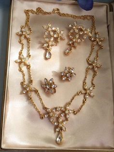 Beautiful Rhinestone Floral Design  Gold Tone  included: Necklace 2 pairs of earrings (Matching earrings are not Signed) brooch Luxury 22k Gold Victorian Jewelry, Earrings Matching, Vintage Rhinestone Jewelry, Princess Wedding, Rhinestone Jewelry, Vintage Rhinestone, Matching Earrings, Halloween Shopping, Jewelry Sets