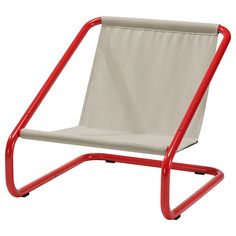 a white and red lounge chair on a white background with the seat folded back to show the armrests