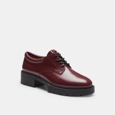 A modern take on classic oxford silhouettes our smooth leather Lyla Derby features a chunky ‘90s-inspired lug sole for subtle lift and great traction. The lace-up silhouette is finished with a comfortable padded footbed for all-day wear. | Coach Lyla Derby Shoes - Women's Size 10 - Merlot Modern Oxfords With Lug Sole, Low-top Platform Lace-up Shoes For Work, Classic Plain Toe Lace-up Platform Shoes, Low-top Oxfords With Lug Sole For Spring, Spring Low-top Oxfords With Lug Sole, Low-top Oxfords With Lug Sole For Office, Office Low-top Oxfords With Lug Sole, Fall Workwear Low-top Lace-up Shoes, Classic Low-top Lace-up Shoes With Lug Sole