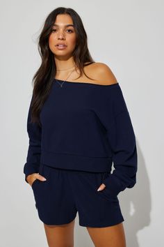 A textbook laid back look! Features - Off-the-shoulder construction - Rib knit hem and cuffs Size & Fit - Fit: Oversized - Length: Cropped - Model is wearing size S Materials & Care - Content: 100% cotton - Care: Machine wash, cold - Imported Off The Shoulder Top Outfit, Off Shoulder Sweatshirt, Garage Clothing, Off Shoulder Sweater, Shoulder Shirts, Off Shoulder Tops, Dream Clothes, College Outfits, Shoulder Sweater