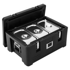 a black case with two silver plates in it on a white backgrounnd