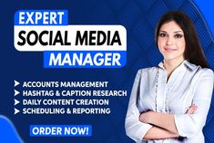 a woman standing in front of a blue background with the words expert social media manager