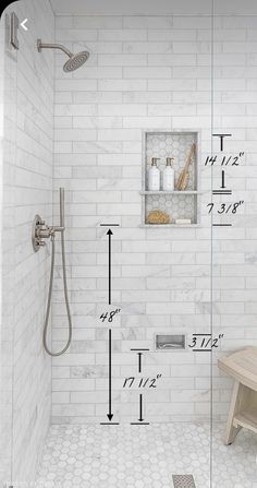 a bathroom with white tile and measurements for the shower head, floor, and wall