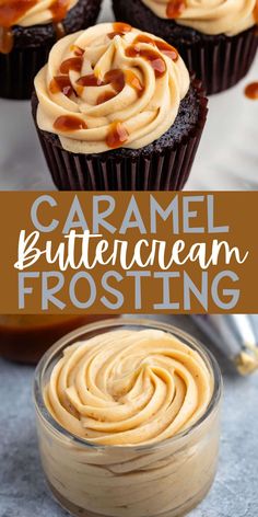 some cupcakes with frosting and caramel buttercream frosting on top