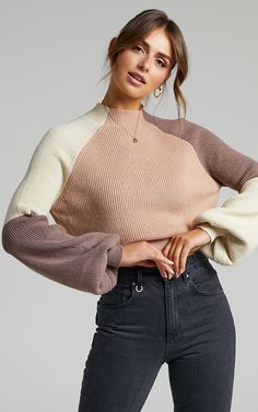 Kensley Long Sleeve Knit Jumper in Beige | Showpo Knit Collage, Outdoor Outfits, Loose Pullover Sweater, Sweaters Knitted, Knit Clothes, Dressing Sense, True Summer, Short Design, A Fashion Designer