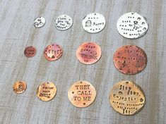 "Measurements: 0.75\" round circular disc with one hole. Hole is just over 1mm, jump rings that are 18 gauge and higher will fit. Lower gauges may require a larger hole. How to order: 1. Choose from copper, brass, or alkeme (silver tone) 2. Choose from a brushed finish or an antiqued, distressed finish that includes a hammered texture, heat patina by torch, and light oxidation. 3. Choose your quantity and save $$ with a bulk purchase of 4 or more. 4. Decide on your custom personalization. Enter Stamped Metal Jewelry, Hand Stamped Ring, Stamped Ring, Hand Stamped Metal, Meaningful Necklace, Aged Copper, Fingernail Polish, Stamped Metal, Custom Charms