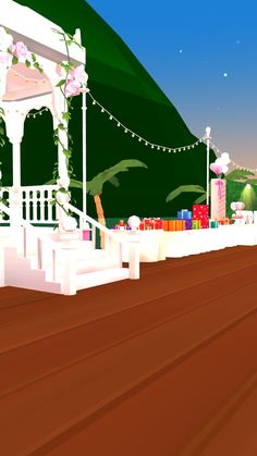 an animated image of a gazebo with flowers on the side and lights hanging from it