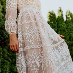 Long Sleeve Champagne Embroidered Dress Feminine Summer Dress With Intricate Embroidery, Elegant Cream Maxi Dress With Floral Embroidery, Feminine Embroidered Midi Dress For Garden Party, Lace Maxi Dress With Floral Embroidery For Garden Party, Chic Embroidered Wedding Dress, Chic Lace Embroidered Dress For Spring, Feminine Spring Lace Embroidered Dress, Summer Lace Dresses With Intricate Embroidery, Embroidered Cream Dress For Garden Party