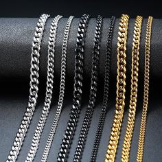 Adorn yourself with the delicate elegance of the Javier Cuban Link Necklace. This stainless steel chain comes in 3 different width sizes, ranging from 3mm Slim to 7mm Chunky, for a look that’s classic, simple, and minimalist. Perfect for everyday wear or special occasions, this timeless necklace is sure to make a statement that’s both punk and classic. Crafted with high-quality stainless steel and finished with a trustworthy clasp, you'll look stunning and feel confident! Also see our matching b Chain Chokers, Cuban Chain Necklace, Figaro Chain Necklace, Chic Bracelet, Mens Jewelry Necklace, Estilo Hip Hop, Necklace For Men, Jewelry Choker, Hip Hop Jewelry