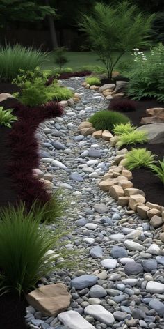 a garden with rocks, grass and plants in the middle of it's path