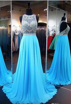 Light blue long chiffon gown with sleeveless ball Blue Chiffon Gown With Sweep Train, Blue Chiffon Prom Gown, Blue Chiffon Gown For Prom Season, Blue Chiffon Gown For Prom, Blue Chiffon Evening Dress For Prom, Light Blue Dress Formal, White Sparkle Dress, Turquoise Dresses, Prom Attire