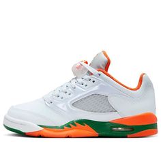 (GS) Air Jordan 5 Retro Low 'Miami Hurricanes' FQ1293-018 U Of Miami, Air Jordan 5 Retro Low, Jordan Retro 1 Low, Tooth Pattern, Jordan Low, Green Details, Jordan Retro 1, Jordan 5 Retro, Shoe Ideas