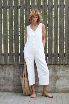 Off-Withe Cotton Jumpsuit - Cotton Jumpsuit - Sleeveless Jumpsuit - Women Overall - Cotton Overall - Women Romper - Handmade by OFFON by OffOn on Etsy Summer V-neck Jumpsuits And Rompers With Buttons, Casual V-neck Jumpsuit With Button Closure, Casual V-neck Jumpsuits And Rompers With Button Closure, White Cotton Jumpsuits And Rompers For Beach, White Cotton Beach Jumpsuits And Rompers, Casual Cotton Sleeveless Jumpsuits And Rompers, White Cotton V-neck Jumpsuit, Casual Sleeveless Cotton Jumpsuits And Rompers, White Cotton V-neck Jumpsuits And Rompers