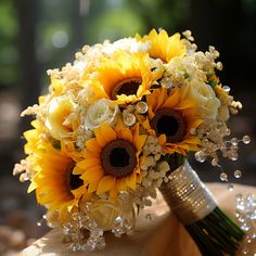 a bridal bouquet with sunflowers and other flowers