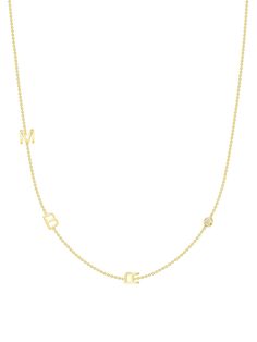 This 14k yellow gold custom tiny personalized necklace is made with three (3) initials of your choice. Monogram it to your liking! You can also choose to add a bezeled baguette or round diamond. Great to display your own initials, your children's initials for a new mom, or anyone else you want to wear close to your heart. Comes in chain lengths 16" & 18" or adjustable 18" with loops at 16" & 17" . Custom made, please allow 2-3 weeks for shipment. Details 14k yellow gold Bezeled Baguette Personalized Initials Yellow Gold Name Necklace, 14k Yellow Gold Diamond Necklace With Initials, Customizable Yellow Gold Initial Pendant Necklace, Custom Yellow Gold Initial Pendant Necklace, Personalized Initial Pendant Diamond Necklace In 14k Gold, 14k Gold Monogram Initial Necklace For Anniversary, Personalized 14k Gold Diamond Necklace With Initial Pendant, Personalized 14k Gold Diamond Initial Pendant Necklace, Gold 14k Diamond Initials Necklace