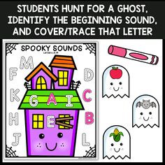 a halloween themed coloring page with ghost and house for kids to color, then print out