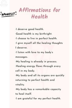 an affirmation poem with the words affirmitions for health on it