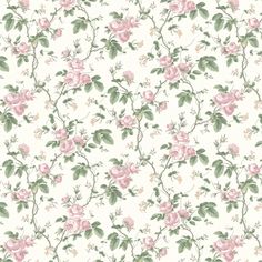 a white wallpaper with pink flowers and green leaves