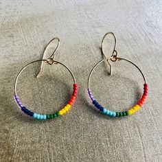 Rainbow Nickel-free Dangle Hoop Earrings, Nickel Free Hoop Beaded Earrings For Everyday, Nickel-free Small Hoop Rainbow Earrings, Nickel-free Rainbow Dangle Hoop Earrings, Everyday Hoop Beaded Earrings With Ear Wire, Colorful Round Bead Earrings For Everyday, Colorful Round Beads Earrings For Everyday, Colorful Beaded Earrings For Everyday, Everyday Colorful Beaded Hoop Earrings