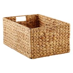 a square basket with a metal handle on the top and bottom, made out of woven material