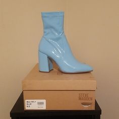 Super Stylish Bubble Gum Blue Patent Ankle Bootie With Zipper Closure..Brand New Guys!!! Blue High Heel Boots With Reinforced Heel, Blue High Heeled Boots With Reinforced Heel, Trendy Blue Ankle Heeled Boots, Trendy Blue High Heeled Boots, Blue Fitted Ankle Heeled Boots, Fitted Blue Ankle Heeled Boots, Blue Casual Booties With Round Toe, Trendy Blue Heels With Reinforced Heel, Casual Blue Booties With Round Toe