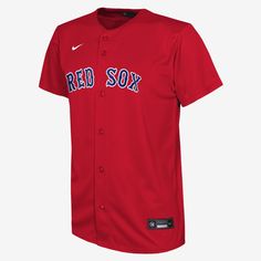 The MLB Boston Red Sox Jersey is made with lightweight polyester fabric to help provide a consistently comfortable fit. It's designed with applique details that mimic the look of your favorite player's on-field uniform. Collegiate Red Jersey For College, Collegiate Red Jersey, Red Collegiate Jersey For College, Collegiate Style Red Jersey For College, Collegiate Red Sports Jersey, Collegiate Red Jersey For Sports, Collegiate Style Red Jersey For Sports, Red Sporty Jersey For Sports Season, Nike Team Spirit Baseball Jersey For Fan Gear