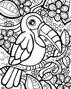 a black and white drawing of a bird with flowers