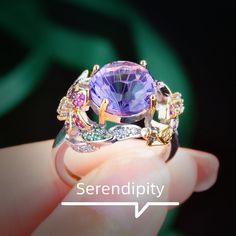 Adjustable Multicolor Crystal Ring For Party, Unique Multicolor Rings For Party, Multicolor Open Ring For Party, Multicolor Flower Ring As Gift, Multicolor Flower Ring Gift, Adjustable Multicolor Flower Ring, Adjustable Purple Rings For Party, Adjustable Multicolor Crystal Ring, Purple Diamond Ring