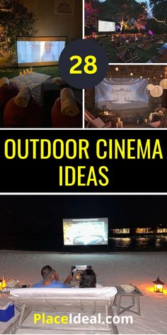 an outdoor cinema area with people watching movies