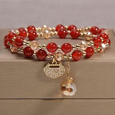 Red Crystal Bracelet, Crystal Bracelets Healing, Bracelets With Charms, Strawberry Crystal, Garnet Bead Bracelet, Red Beaded Bracelet, Crystal Bead Jewelry, Beautiful Beaded Bracelet, X Box