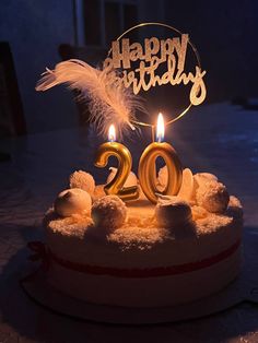 a birthday cake with two candles on it that reads happy birthday 20 years old and decorated with feathers