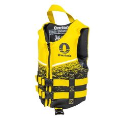 a life jacket with yellow and black stripes on the chest, attached to a white background