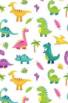 colorful dinosaurs and palm trees on a white background seamless wallpaper pattern for children's room