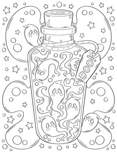 a coloring book page with an image of a bottle and stars on the bottom, in black and white