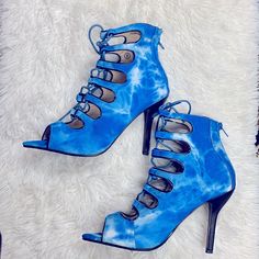 Woman’s Lace-Up Booties In Blue (New) Fitted Blue Summer Heels, Fitted Blue Heels For Summer, Blue Lace-up Heels For Summer, Chic Blue Lace-up Heels, Blue Lace-up Casual Heels, Neutral Pumps, Christian Louboutin Iriza, Stacked Heel Sandal, Formal Heels