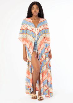 Orange and blue chevron striped duster styled Kimono Bohemian Multicolor Printed Cover-up, Bohemian Multicolor Tunic Cover-up, Bohemian V-neck Cover-up With Floral Print, Bohemian V-neck Floral Print Cover-up, Striped Kaftan For Summer Beach Cover-up, Bohemian Rayon Cover-up For Vacation, Casual Striped V-neck Kaftan, Spring Boho Print Maxi Kimono, Red Kimono For Beach Cover-up