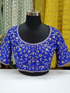 Fancy raw silk blouse with gold embroidery Blouse has 2 inch margins on each side to make it bigger Ready to ship Online only Raw Silk Blouse, Gold Embroidery, Embroidery Blouse, Embroidered Blouse, Raw Silk, Silk Blouse, Make It, Christmas Sweaters, Royal Blue