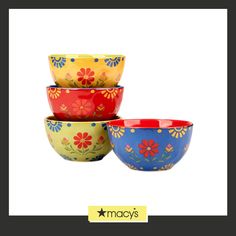 three colorful bowls sitting next to each other on top of a white background with the words macy's written below it