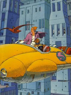 an image of a man riding on the back of a yellow car with birds flying over it