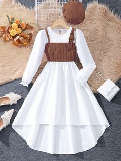 Brown Casual Collar Long Sleeve Fabric Colorblock A Line Embellished Slight Stretch  Tween Girls Clothing Fairytale Dress Simple, Cute Dresses For Fall, Vintage Fall Clothes, Casual Clothes For Boys, Cute Winter Dresses, Germany Clothing, Everyday Dresses Casual, Brown Casual Dress, Cute Dress Outfits