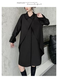 Moongor Street Style Fake Two Piece Button Long Sleeve Midi Dress Black Long Sleeve Midi Dress For Work, Black Collared Shirt Dress For Office, Black Long Sleeve Shirt Dress For Winter, Black Asymmetrical Midi Dress For Office, Black Long Sleeve Winter Shirt Dress, Black Collared Shirt Dress For Winter, Black Shirt Dress For Winter, Black Long Sleeve Shirt Dress For Fall, Black Shirt Dress For Winter Workwear