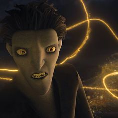 an animated image of a man with glowing yellow eyes and dark hair, staring at the camera