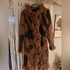 I Purchased This At The Design Studio In Nyc. Only A Handful Made. I Have Never Worn It. In Excel End Condition, Well Kept And Stored. Fitted Wool Sweater Coat In Brown, Embroidered Wool Outerwear For Fall, Brown Embroidered Long Sleeve Outerwear, Brown Wool Sweater Coat, Bohemian Brown Long Coat, Fitted Brown Bohemian Outerwear, Fitted Bohemian Brown Outerwear, Embroidered Wool, Wool Coat