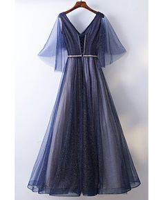 Shop affordable beautiful flowy navy blue long cheap prom dress with bling online. Custom-made any plus size or color. Pro since 2009. Prom Dress Plus Size, A Line Evening Dress, Cheap Evening Dresses, Tulle Sleeves, Prom Style, Blue Tulle, Long A, Prom Dresses With Sleeves, Cheap Prom Dresses