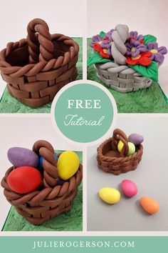 four pictures of different types of baskets with eggs and flowers in them, one is made out of fondant