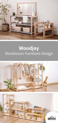 the wooden furniture is displayed in three different positions, with text overlay that reads woodjoy montessori furniture design