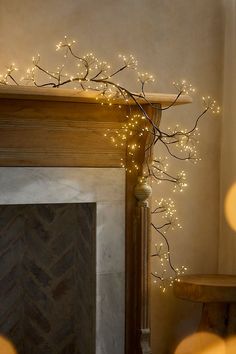 a fire place with some lights on it and a tree branch in front of the fireplace