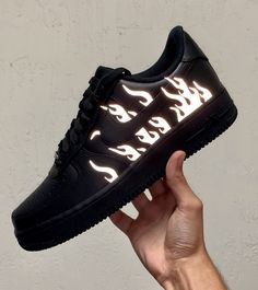 Black Nike Air Force 1 Low Reflective Flames Custom with reflecitve 3M accents All designs are Professionally Prepared and can be worn casually and are WATERPROOF. All Sneakers are available in Mens and Womens sizes however, a (Men's, Women's and International) Nike Sizing Chart can be found in product pictures. Production Period: All products are made to order. shipping will VARY based on the amount of pending orders. Please contact us before your purchase if the wait time is not acceptable. If Black Nike Air Force 1, Black Nike Air Force, Black Air Force 1, Reflective Shoes, Nike Air Force 1 Custom, Custom Af1, Custom Painted Shoes, Custom Shoes Diy, Nike Shoes Air Force