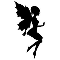 a black and white silhouette of a fairy with her wings spread, holding a bat